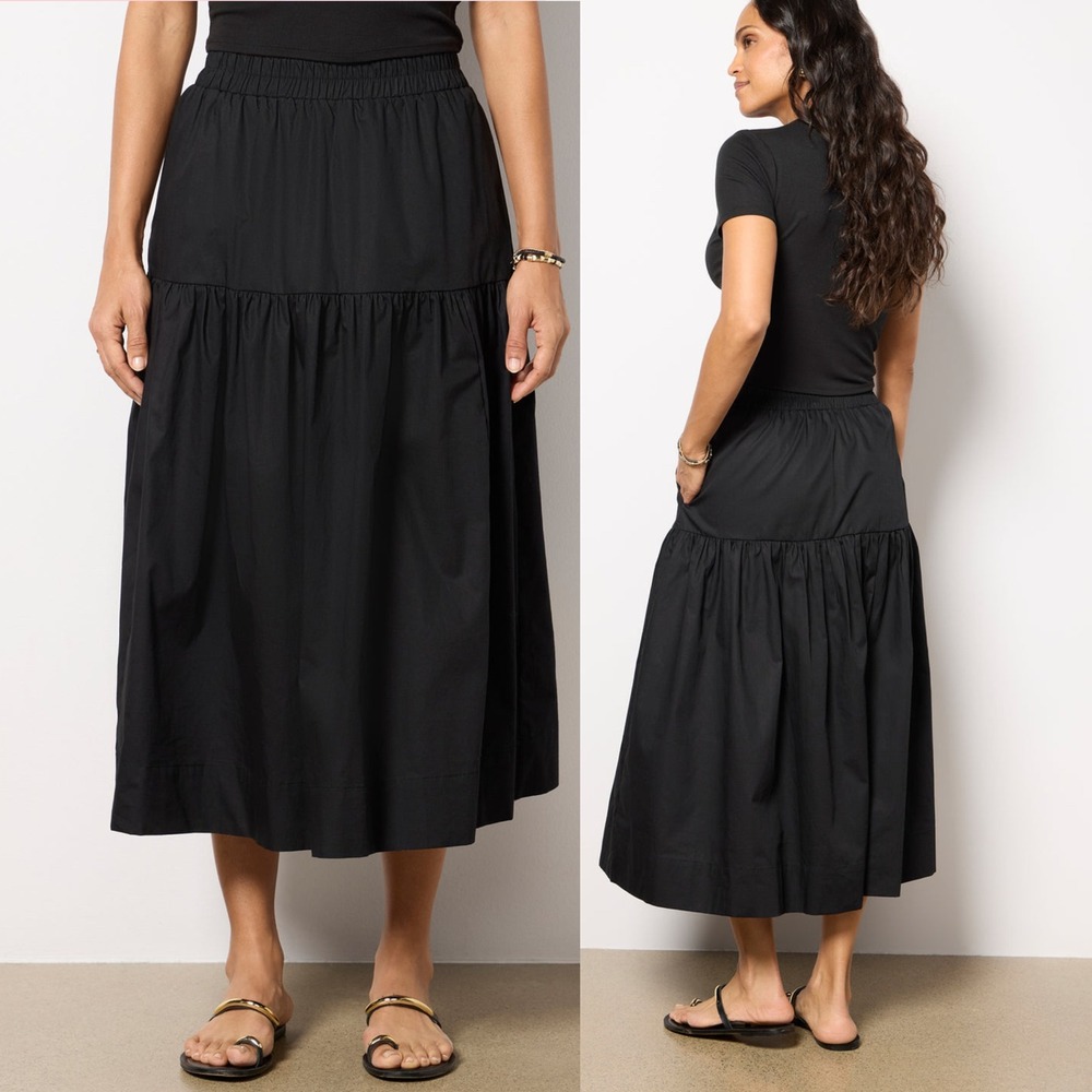Sanctuary Black Poplin Prairie Skirt, XS | Tiered Midi Cotton, Cottage Lagenlook